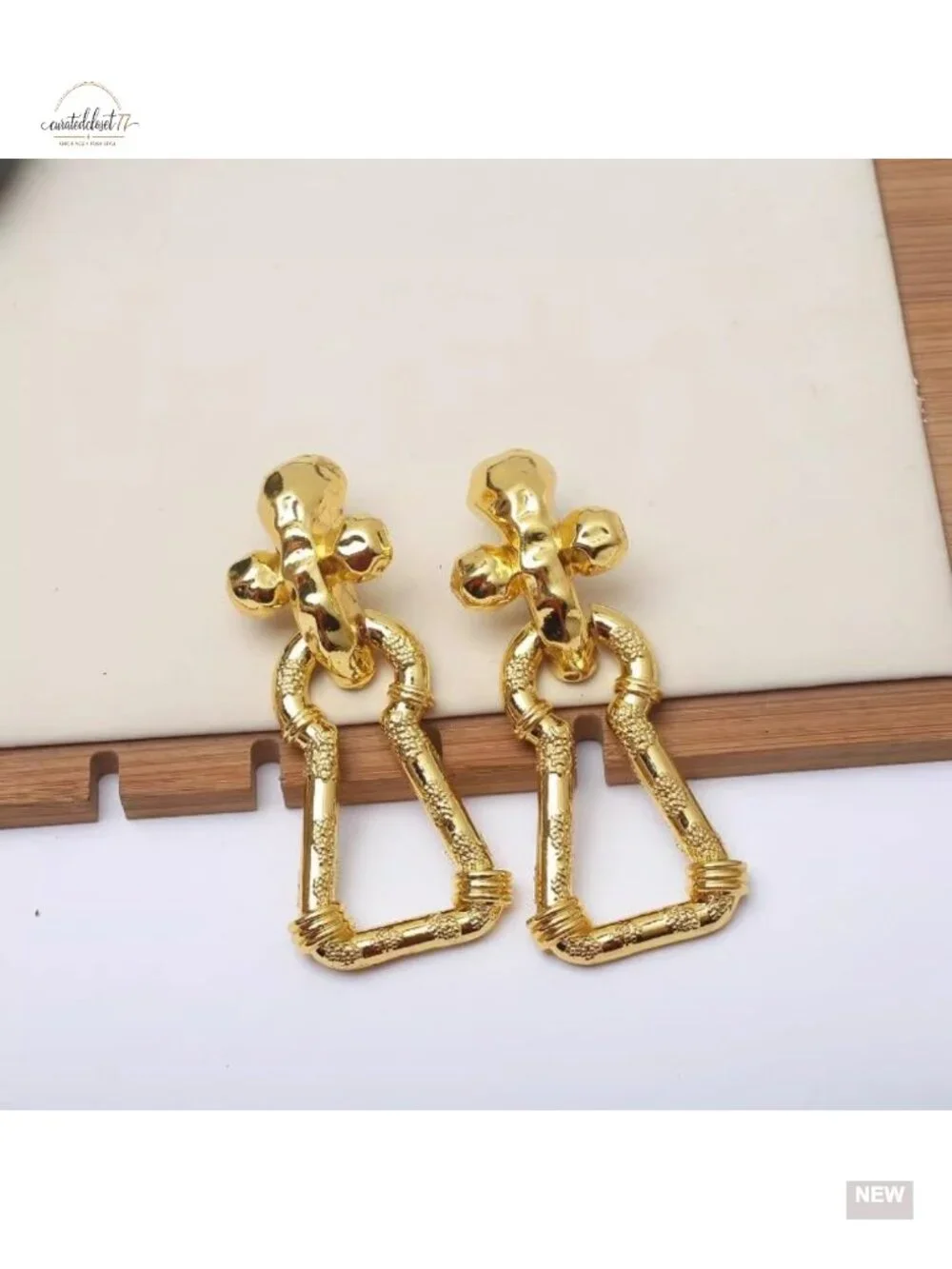 Chunky Cross Lock Earrings Oversized Statement Dangle Hammered Geometric Gold